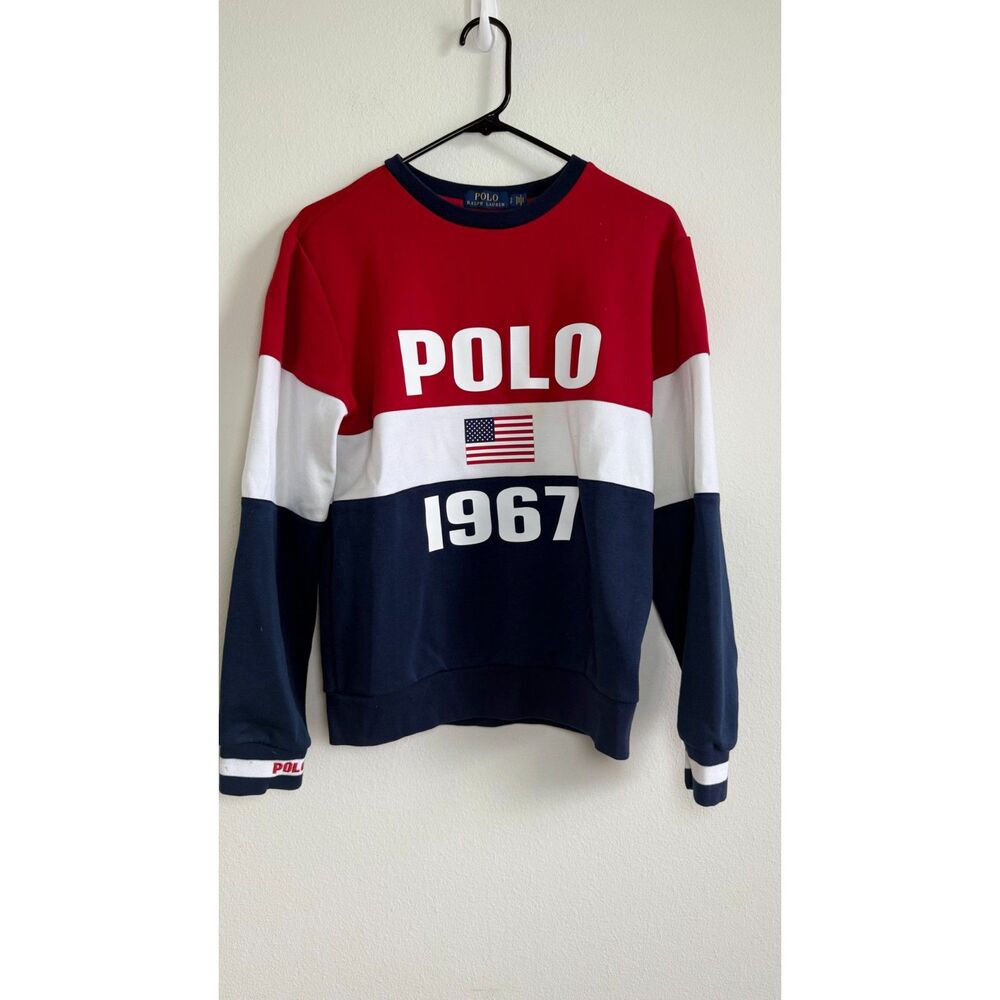Polo Ralph Lauren Sweatshirt Women’s Small Red White Blue Flag 1967 Colorblock